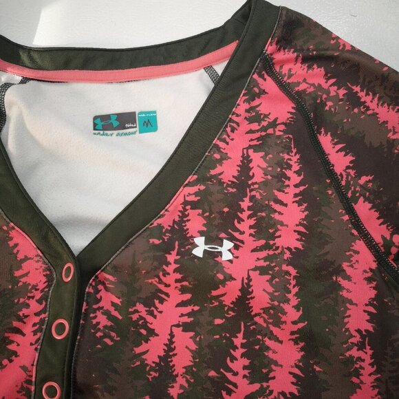 Under Armour Ladies Size Medium Pink Brown Green V-neck Long Sleeves Rash Guard - Picture 4 of 11
